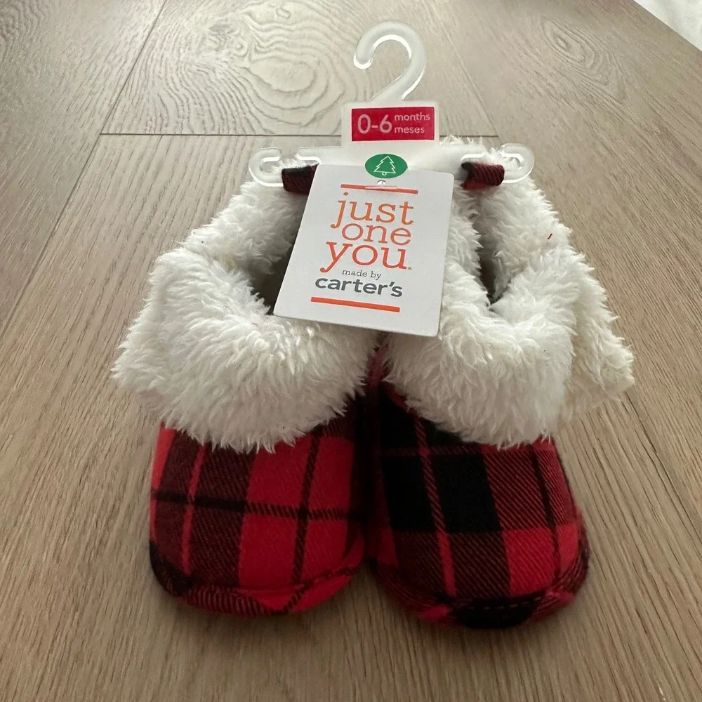 Just One You Carter's Red Plaid Holiday Baby Bootie Slippers 0-6M Faux Fur Trim